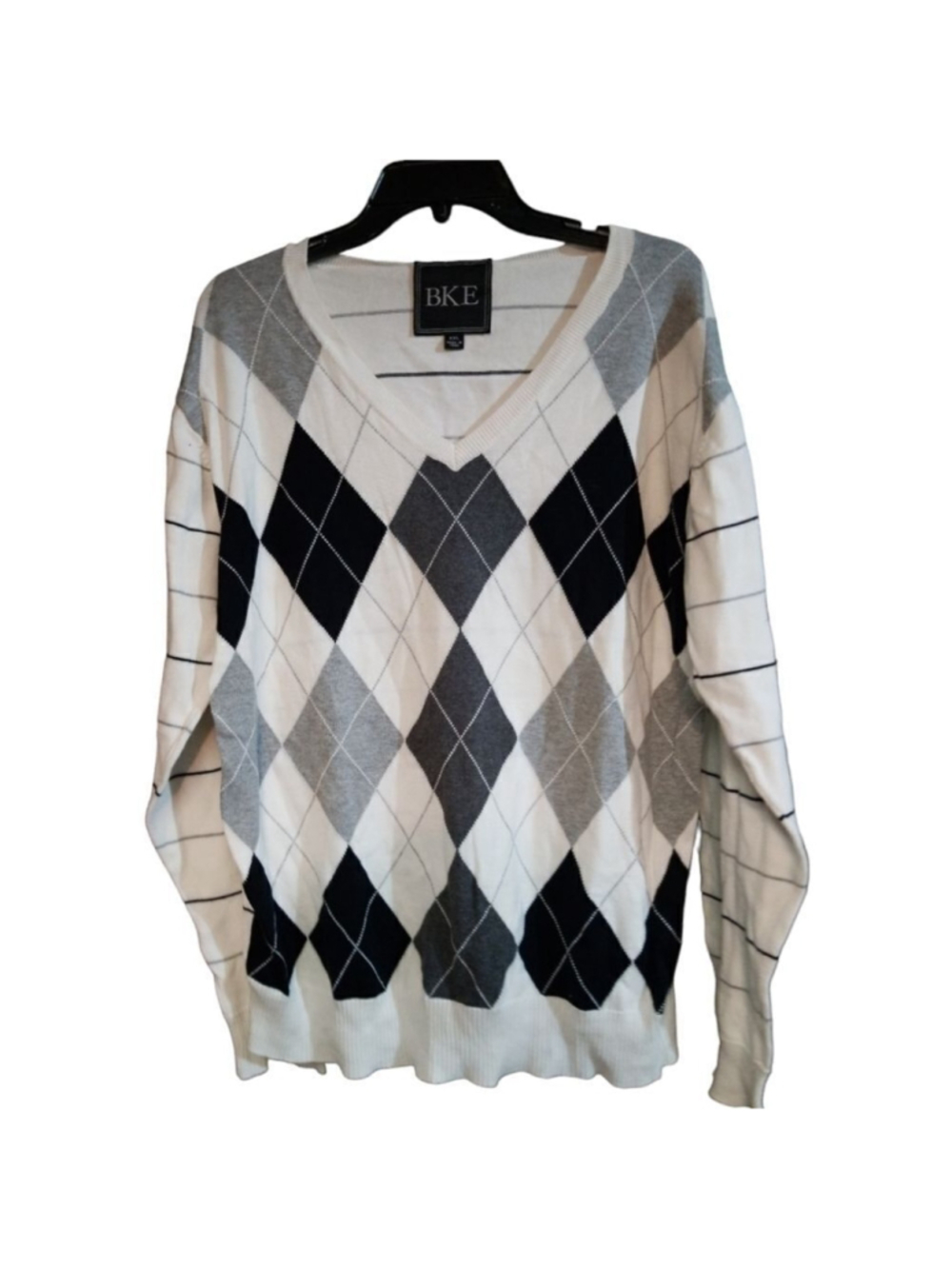 BKE Buckle Men's Argle Sweater White, Black and Gray V-neck Pullover XXL